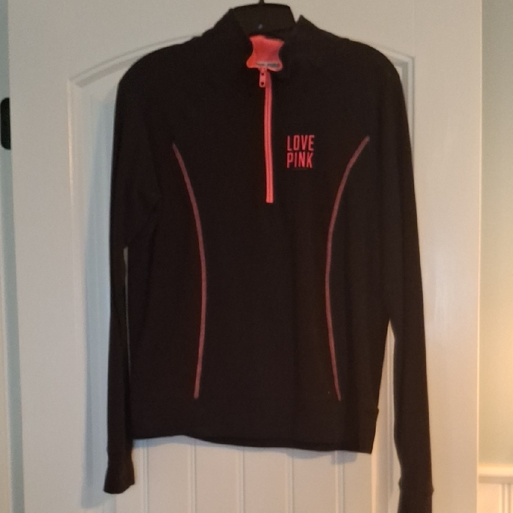 Victoria SECRET Pink Quarter Zip Pullover Blavk With Hot Pink Accent